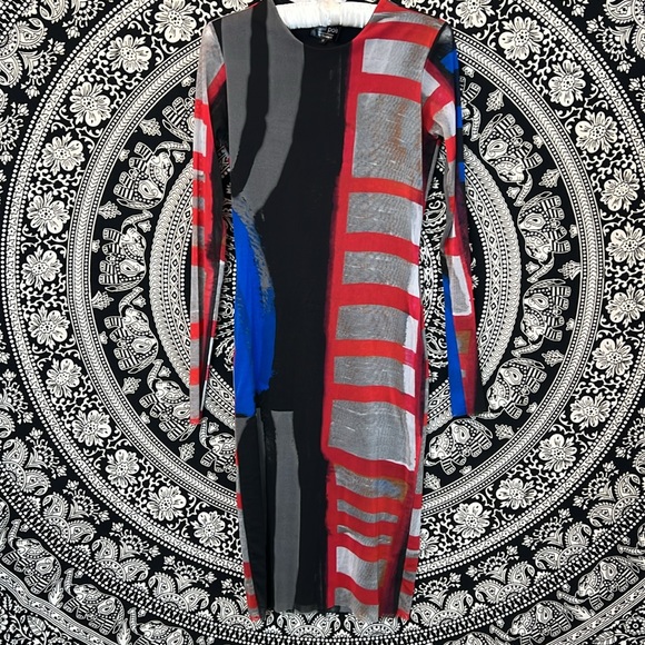 PETIT POIS BY VIVIANA G MESH DRESS multicolor stretch long sleeve midi size S - Picture 3 of 16